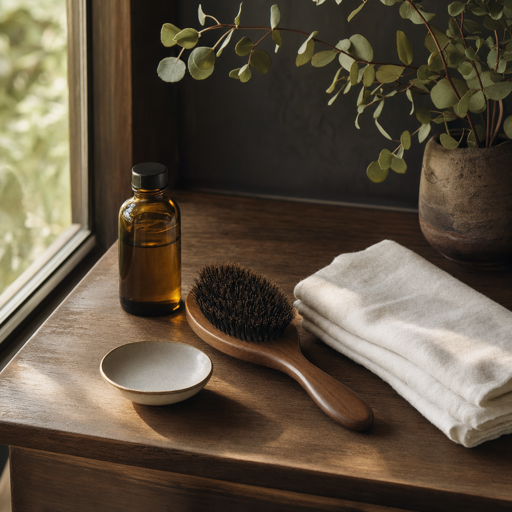 ヘアオイルとブラシのある木製カウンター